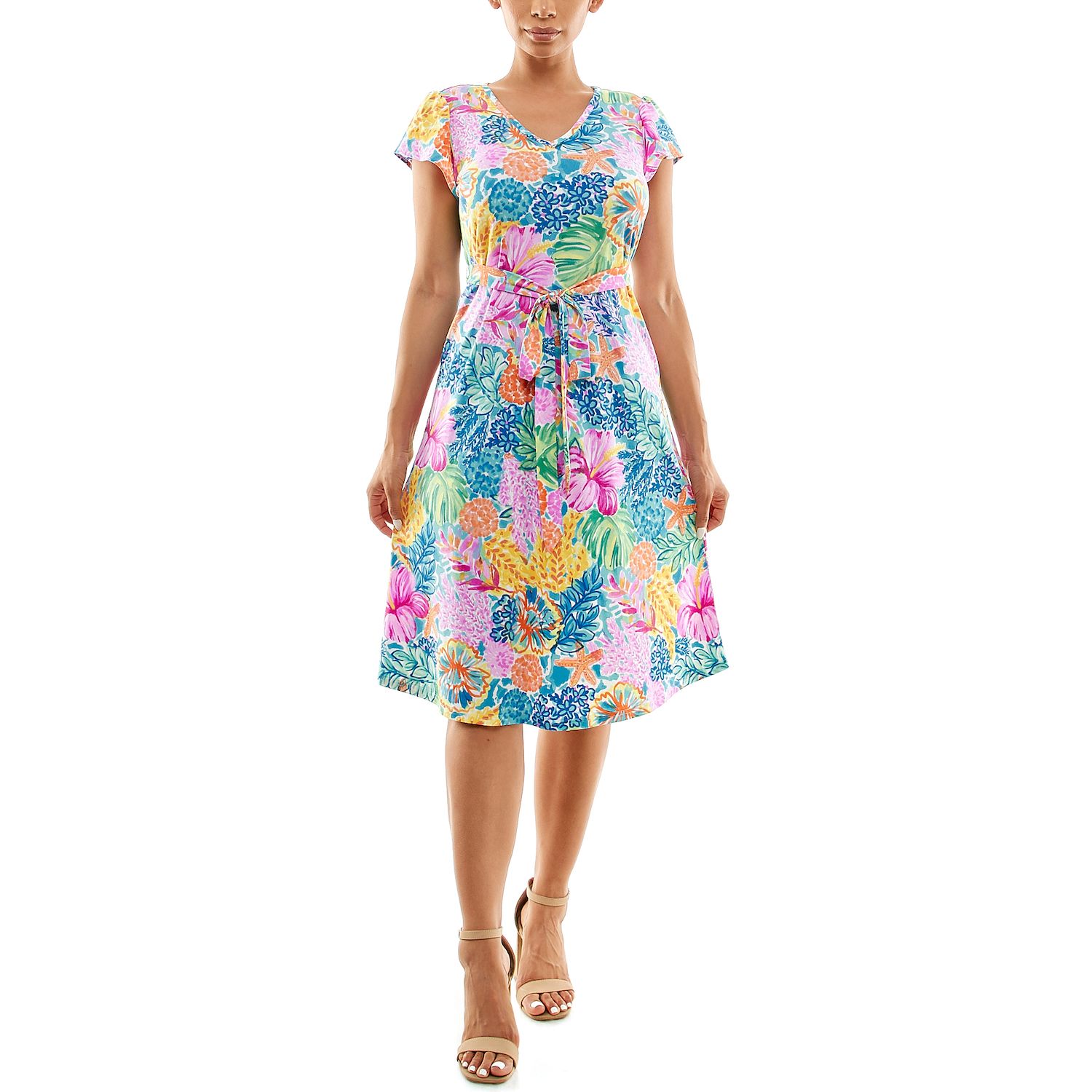 Женские платья Nina Leonard Cap Sleeve Self Sash Dress
