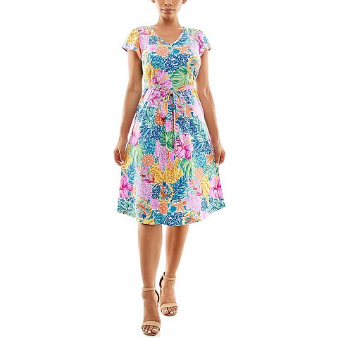 Женские платья Nina Leonard Women's Nina Leonard Cap Sleeve Self Sash Dress