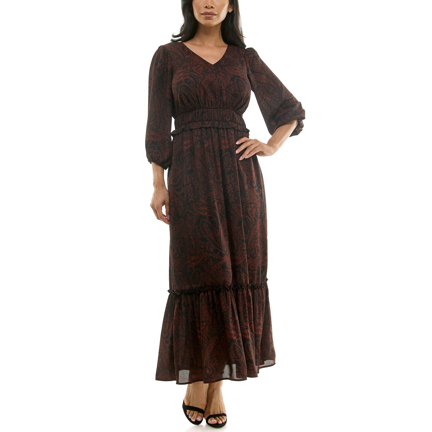 Женское платье Nina Leonard Chiffon Printed Maxi, цвет: Чёрный