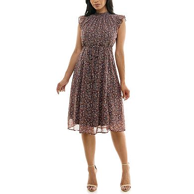 Women's Nina Leonard Smocked Flutter Sleeve Print Dress