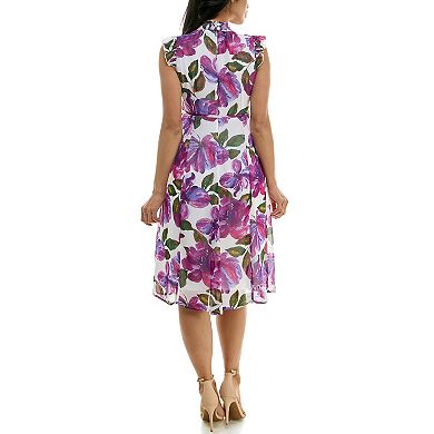 Women's Nina Leonard Smocked Flutter Sleeve Print Dress