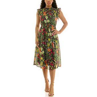 Women's Nina Leonard Smocked Flutter Sleeve Print Dress