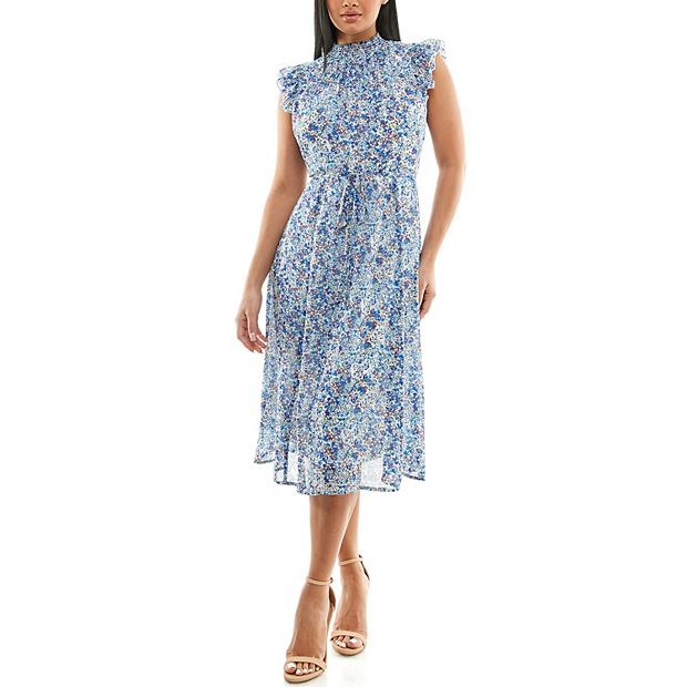 Women's Nina Leonard Smocked Flutter Sleeve Print Dress