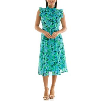 Women's Nina Leonard Smocked Flutter Sleeve Print Dress