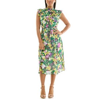 Women's Nina Leonard Smocked Flutter Sleeve Print Dress