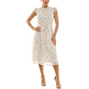 Women's Nina Leonard Smocked Flutter Sleeve Print Dress
