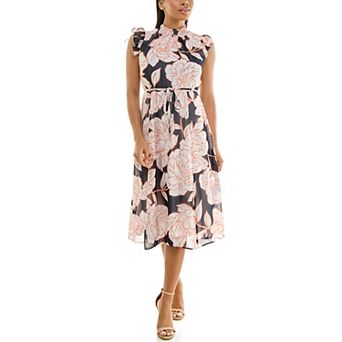 Women's Nina Leonard Smocked Flutter Sleeve Print Dress