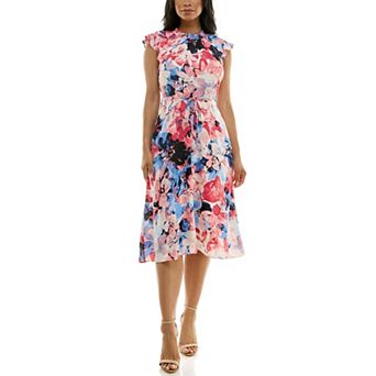 Women's Nina Leonard Smocked Flutter Sleeve Print Dress