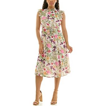 Women's Nina Leonard Smocked Flutter Sleeve Print Dress
