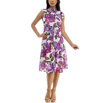 Women's Nina Leonard Smocked Flutter Sleeve Print Dress