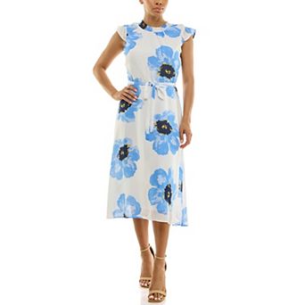 Women's Nina Leonard Smocked Flutter Sleeve Print Dress