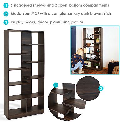 Sunnydaze Rosalee 9-Tier Open Bookshelf with Staggered Shelves Coffee Brown