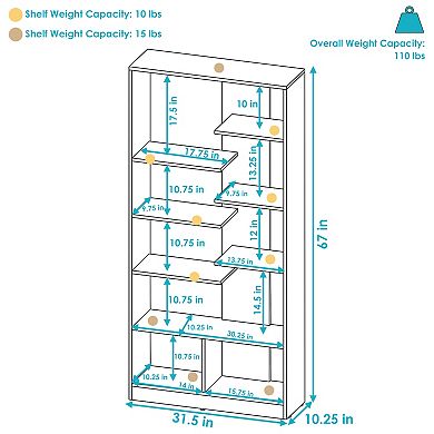 Sunnydaze Rosalee 9-Tier Open Bookshelf with Staggered Shelves Coffee Brown