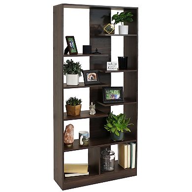 Sunnydaze Rosalee 9-Tier Open Bookshelf with Staggered Shelves Coffee Brown