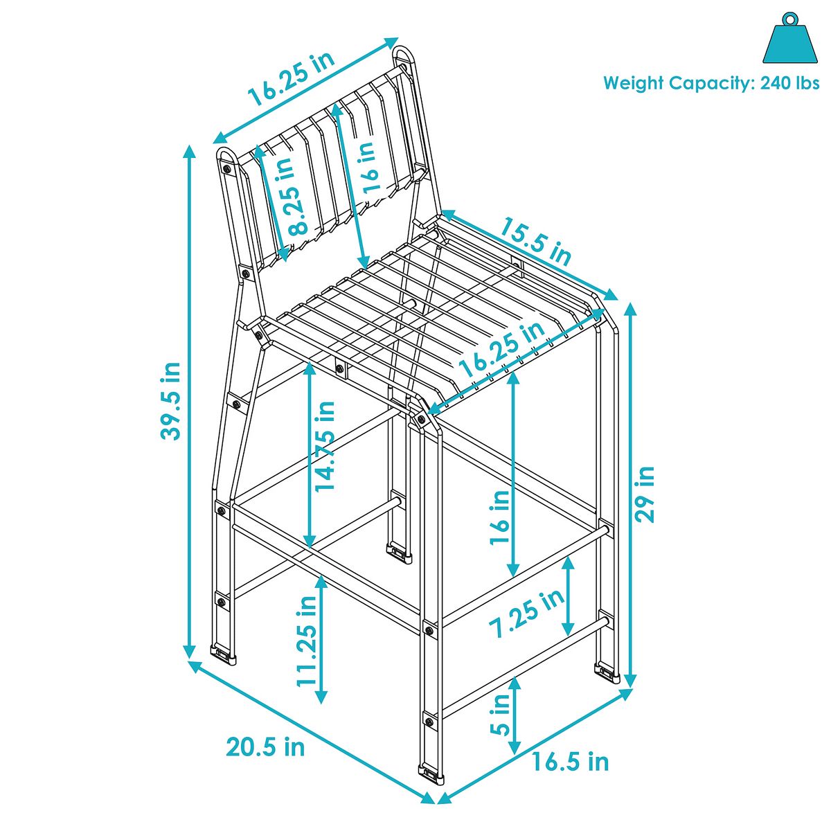 Bar chair dimensions diagram in inches and weight capacity 240 lbs