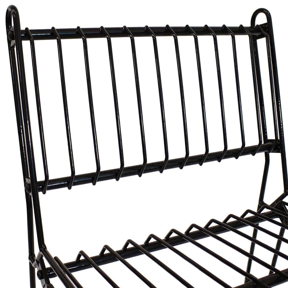 Black steel wire bar chair close-up of backrest and seat slats