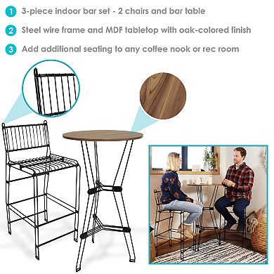 Sunnydaze Modern Wire Steel 3-Piece Indoor Bar Set with Table - Brown