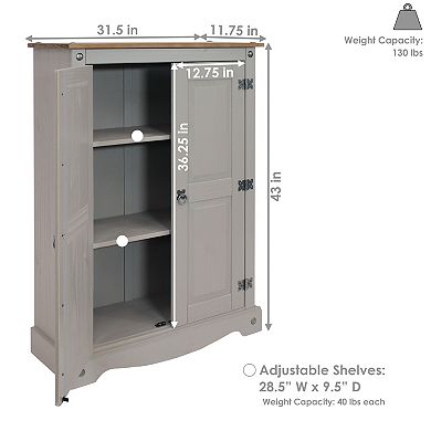 Sunnydaze 2-Door, 2-Shelf Solid Pine Accent Cupboard - Gray - 43 in