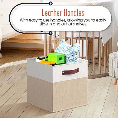 Foldable Linen Storage Cube Bin with Leather Handles - Set of 6