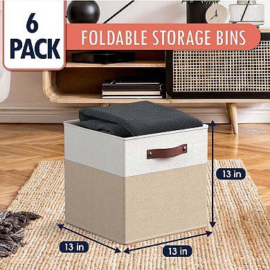 Foldable Linen Storage Cube Bin with Leather Handles - Set of 6