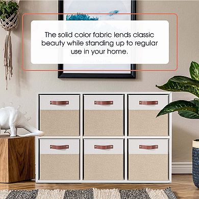 Foldable Linen Storage Cube Bin with Leather Handles - Set of 6