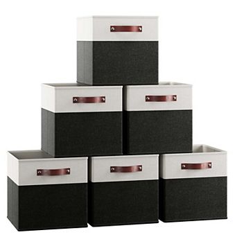 Foldable Linen Storage Cube Bin with Leather Handles - Set of 6