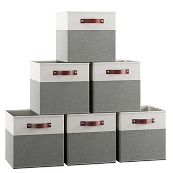 Foldable Linen Storage Cube Bin with Leather Handles - Set of 6