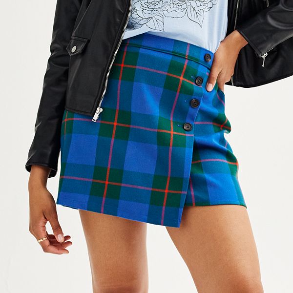 Juniors' SO® Buttoned Faux Wrap Skirt - Blue Green Plaid (13)