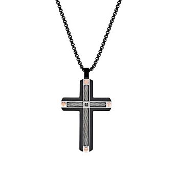 Men's LYNX Tri-Tone Ion Plated Stainless Steel Cross Pendant Necklace