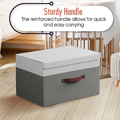 Foldable Linen Storage Bin with Leather Handles and Lid - Set of 3