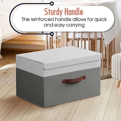 Foldable Linen Storage Bin with Leather Handles and Lid - Set of 3