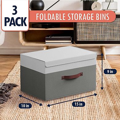 Foldable Linen Storage Bin with Leather Handles and Lid - Set of 3