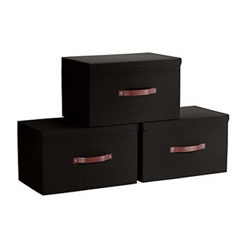 Foldable Linen Storage Bin with Leather Handles and Lid - Set of 3
