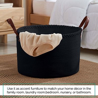 Extra Large Round Cotton Rope Storage Basket Laundry Hamper with Leather Handles