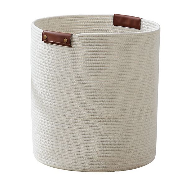 Large Cotton Rope Laundry Hamper Woven Basket with Leather Handles