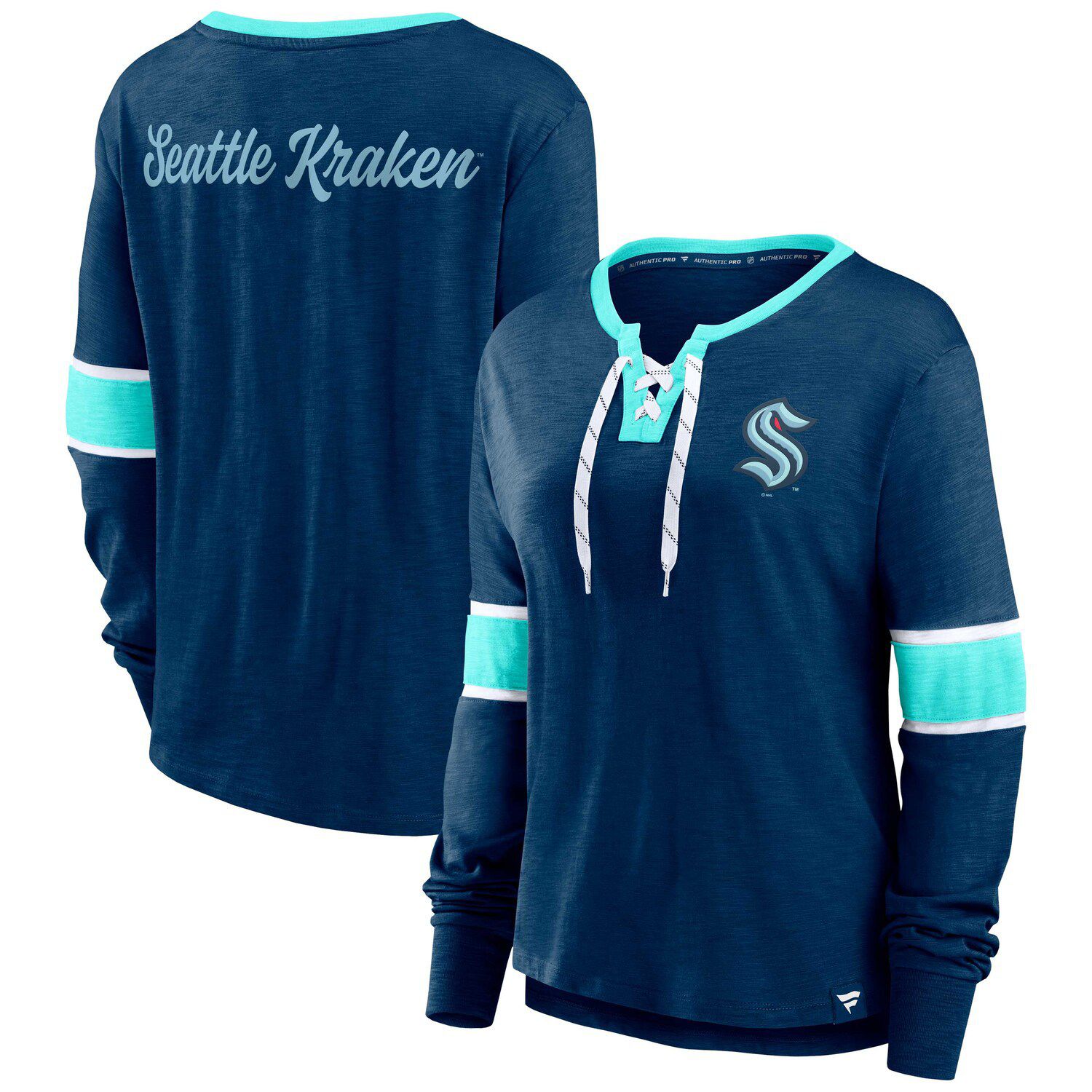 Women's WEAR by Erin Andrews Deep Sea Blue Seattle Kraken Waffle Henley  Long Sleeve T-Shirt 