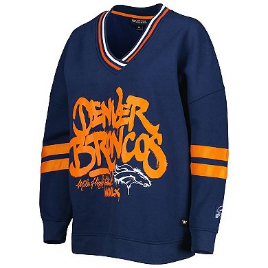 Women's The Wild Collective Navy Denver Broncos Vintage V-Neck Pullover Sweatshirt