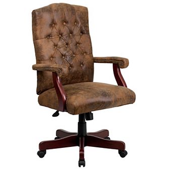 Merrick Lane Versailles Ivory Ultra-Suede Victorian Style 360° Swivel High-Back Office Chair With Driftwood Arms And Base
