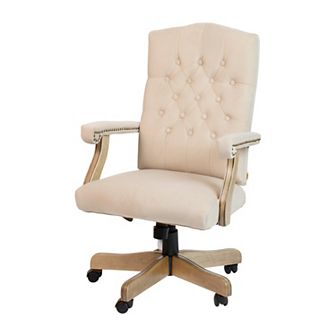Merrick Lane Versailles Ivory Ultra-Suede Victorian Style 360° Swivel High-Back Office Chair With Driftwood Arms And Base