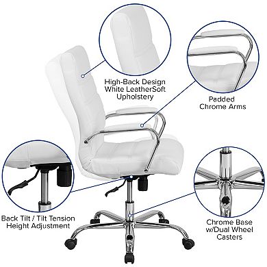 Merrick Lane Milano Contemporary High-Back White Faux Leather Home Office Chair with Padded Rose Gold Arms