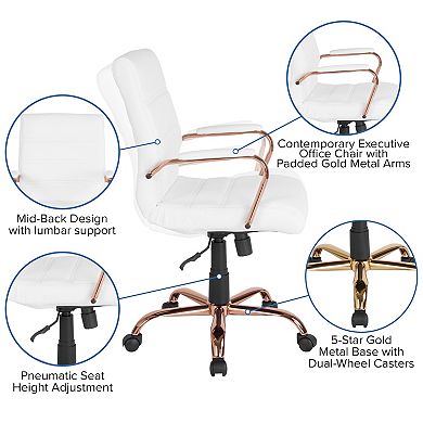 Merrick Lane Milano Contemporary Mid-Back White Faux Leather Home Office Chair with Padded Gold Arms