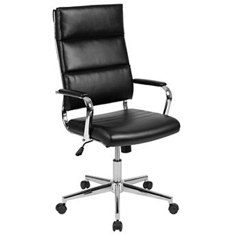 Merrick Lane Austen Black High Panel-Back Ergonomic Office Chair with Padded Chrome Arms Executive Faux Leather Swivel Computer Desk Chair