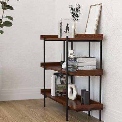 Merrick Lane Madison Industrial Style Rustic Brown 3 Tiered Shelving Unit With Black Metal Frame and Raised Border - 35"H