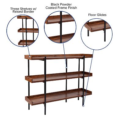 Merrick Lane Madison Industrial Style Rustic Brown 3 Tiered Shelving Unit With Black Metal Frame and Raised Border - 35"H