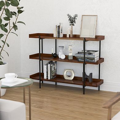 Merrick Lane Madison Industrial Style Rustic Brown 3 Tiered Shelving Unit With Black Metal Frame and Raised Border - 35"H