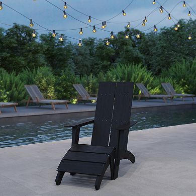 Merrick Lane Piedmont Navy Adirondack Modern Slatted Back Patio Chair With Accompanying Foot Ottoman