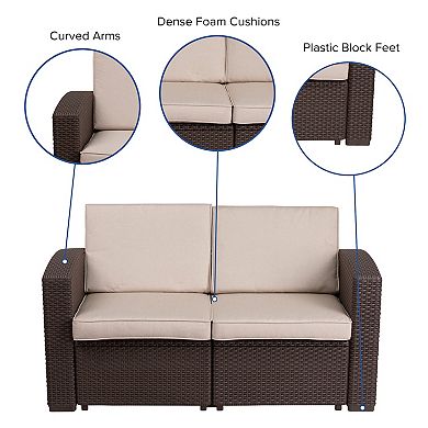 Merrick Lane Malmok Outdoor Furniture Resin Loveseat Faux Rattan Wicker Pattern 2-Seat Loveseat With All-Weather Cushions