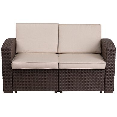 Merrick Lane Malmok Outdoor Furniture Resin Loveseat Faux Rattan Wicker Pattern 2-Seat Loveseat With All-Weather Cushions