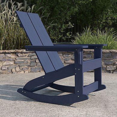 Merrick Lane Wellington UV Treated All-Weather Polyresin Adirondack Rocking Chair in Black for Patio, Sunroom, Deck and More