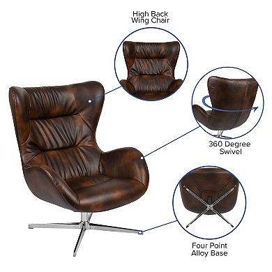 Merrick Lane Olwen Ergonomic High-Back Lounge Chair 360° Swivel Accent Chair Bomber Jacket Faux Leather Side Chair with 4 Star Alloy Base